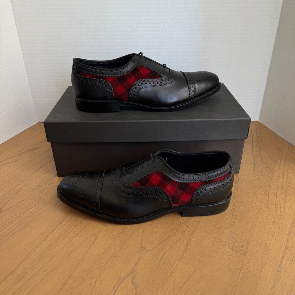 Allen Edmonds Strand Oxford Mens 9D Black Red Buffalo Plaid Leather Brogue 6177